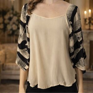 Anthropologie Trinity Medium M Silk Top Cream Black Dolman Short Sleeve